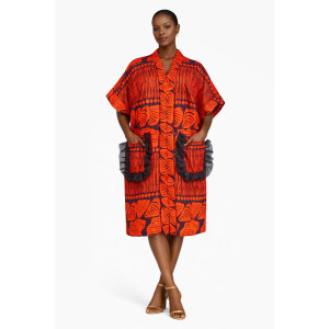 Red Geometric Print Kaftan with Black Ruffle Pockets